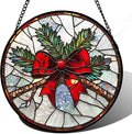 Stained Glass Window Hanging - Pine Branches Red Bow Suncatcher for Doors Home Christmas Decoration Silver Sun Catcher Thanksgiving New Year Birthday Gifts for Women Men Mom Nana 7.8 in