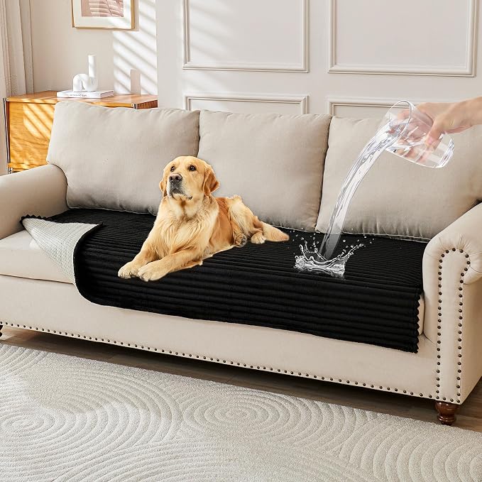 HAOMAIJIA Waterproof Couch Cover for Dogs Washable,Faux Fur Pet Couch Covers for Sofa,Soft Dog Bed Cover Non-Slip Couch Covers for 3 Cushion Couch Sofa Pet Friendly (Black, 35" x 95" 1 Pack)