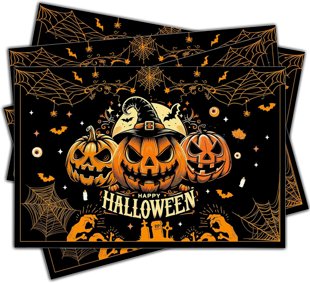 Halloween Spooky Placemats Set of 4, 12x18 Inch Pumpkin Bat Table Mats, Washable Heat Resistant Place Mats for Kitchen Dining Table, Halloween Themed Decoration for Home-B05