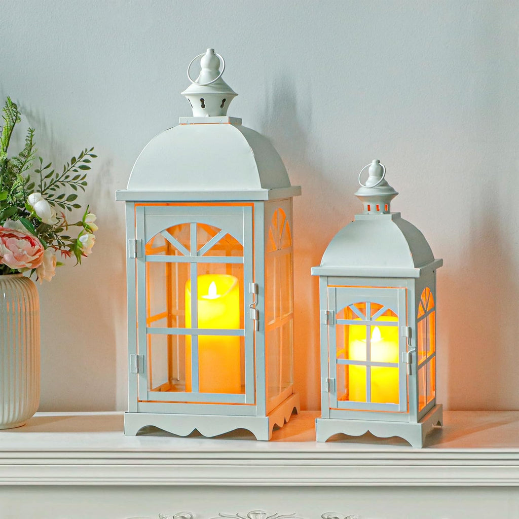 TRIROCKS Set of 2 Decorative Vintage Candle Lanterns 14.5"&20" H Farmhouse Outdoor Hanging Lanterns with Tempered Glass for Porch, Balcony, Patio, Home, Centerpieces, Indoor, Outdoor(White)