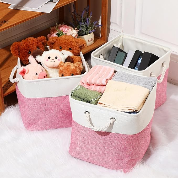 meekoo 8 Pack Collapsible Storage Bins Fabric Storage Bins Polyester Fabric Baskets with Handles Linen Closet Organizer for Shelf Home Closet Towels Toys(12 x 12 x 12 in,Pink White)