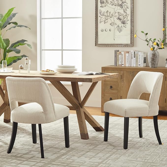 VKNOW Wooden Dining Chairs Set of 2, Modern Fabric Upholstered Dining Room Chair Kitchen Chairs, Farmhouse Dinner Chair for Kitchen Dining Room, Beige-Black Legs