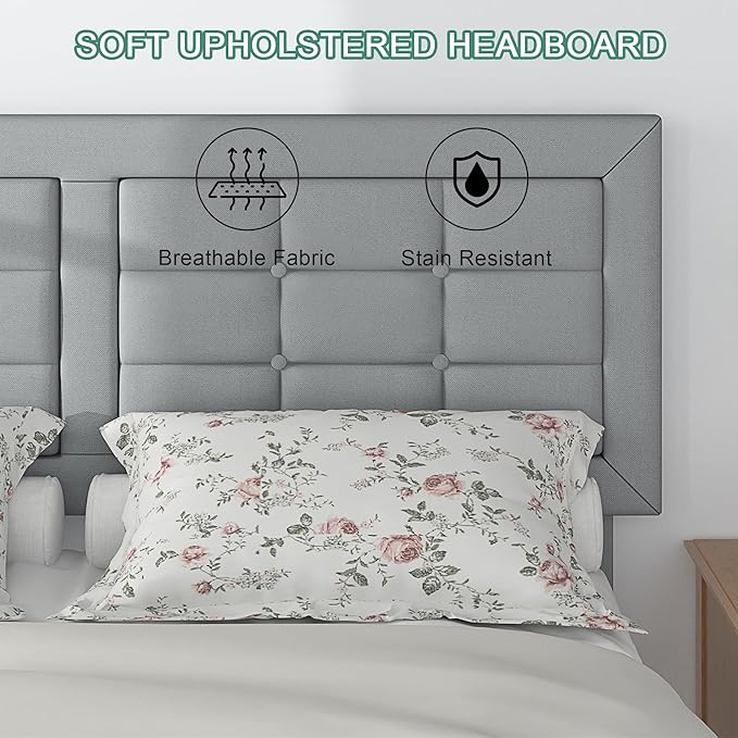 VECELO Queen Size Bed Frame with Adjustable Headboard, Upholstered Button Tufted Platform Bedframe with Wood Slats Support, No Box Spring Needed, Light Grey