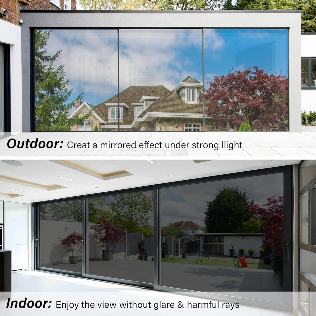 Kromapolis One Way Window Privacy Film Reflective Mirror Home Window Tint, Daytime Privacy Heat Control Anti UV Glass Tinting Static Cling (Black-Silver, 23.6 x 157.4 inch)