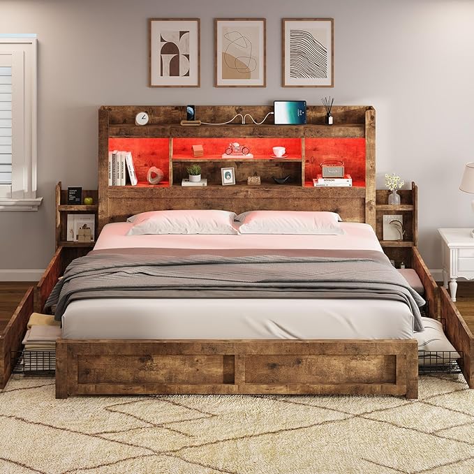 AMERLIFE Queen Bed Frame with 4 Storage Drawers, Wood Bed Frame with 49.6" Tall Bookcase Headboard, LED Platform Bed with Charging Station & 2 Slide Bedside Shelf, No Box Spring Needed/Rustic Brown