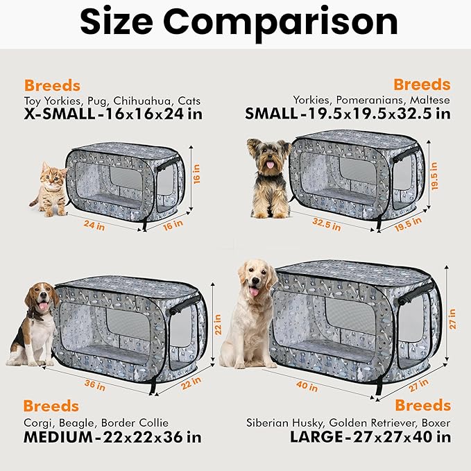 Beatrice Home Fashions Portable, Collapsible, Pop Up Kennel Travel Cat and Dog Crate, 36" L x 22" W x 22" H, Tail Waggers