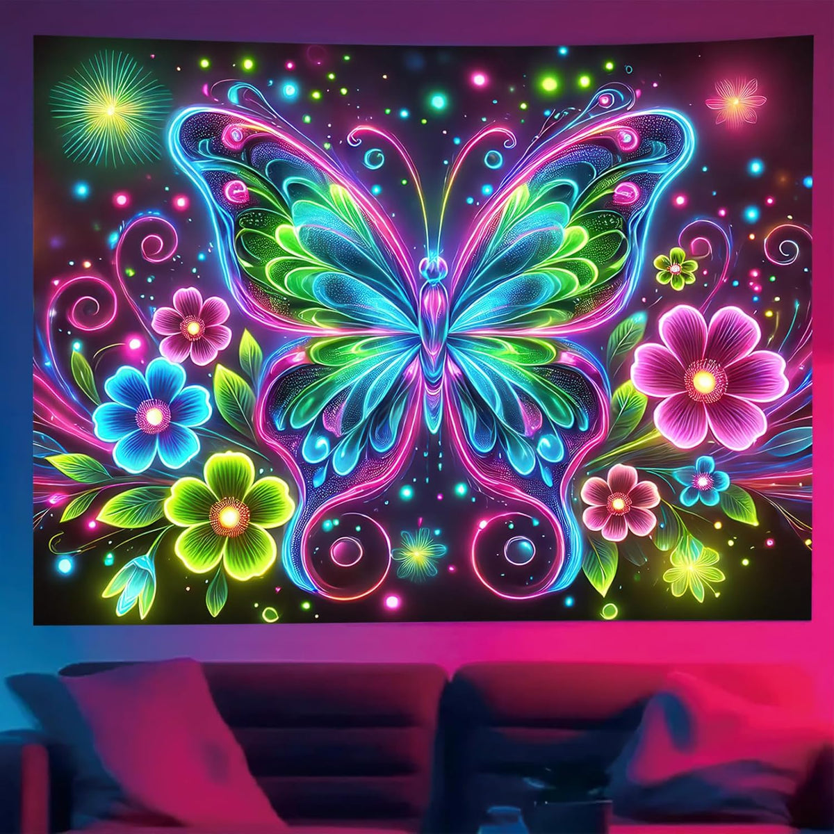 Starlit Patio Blacklight Butterfly Tapestry UV Reactive Glow in The Dark Wall Hanging Trippy Neon Floral Tapestry Poster Landscape Backdrop for Bedroom Living Room Dorm Aesthetic Decor 78 x 59 Inches