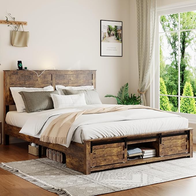 Wooden Queen Size Bed Frame with Headboard, Boho White Farmhouse Storage Bedframe with Sliding Barn Door Footboard and Charging Station, Wood Slats, No Box Spring Needed (Brown, Queen)