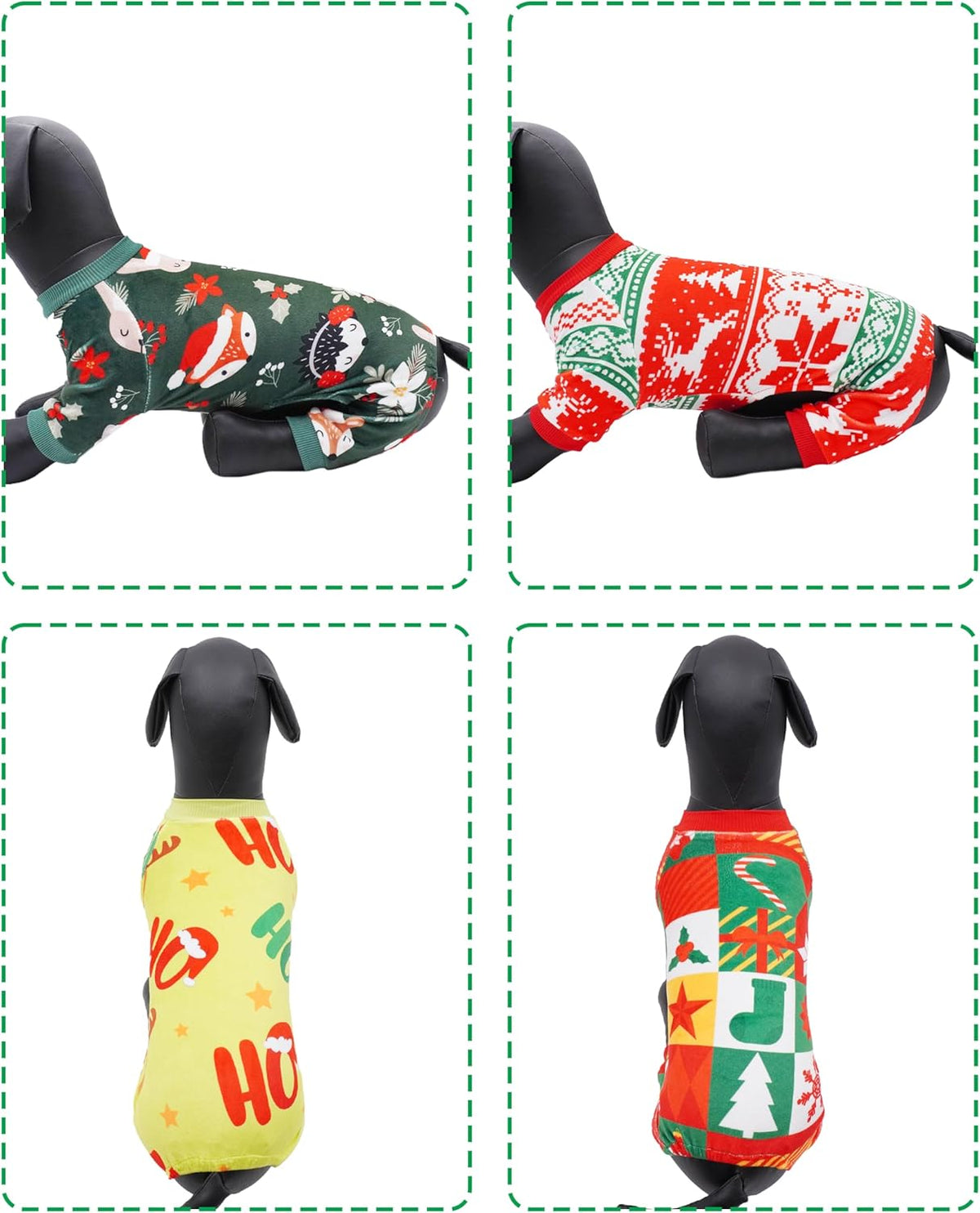 PET SHOW 4 Pack Christmas Small Dog Pajamas Holiday Dog Clothes for Medium Dogs Girl Boy Soft Stretchy PJs Xmas Jumpsuit Puppy Cats Onesies Red Green Outfits with Sleeve Pets Dachshund Costume L