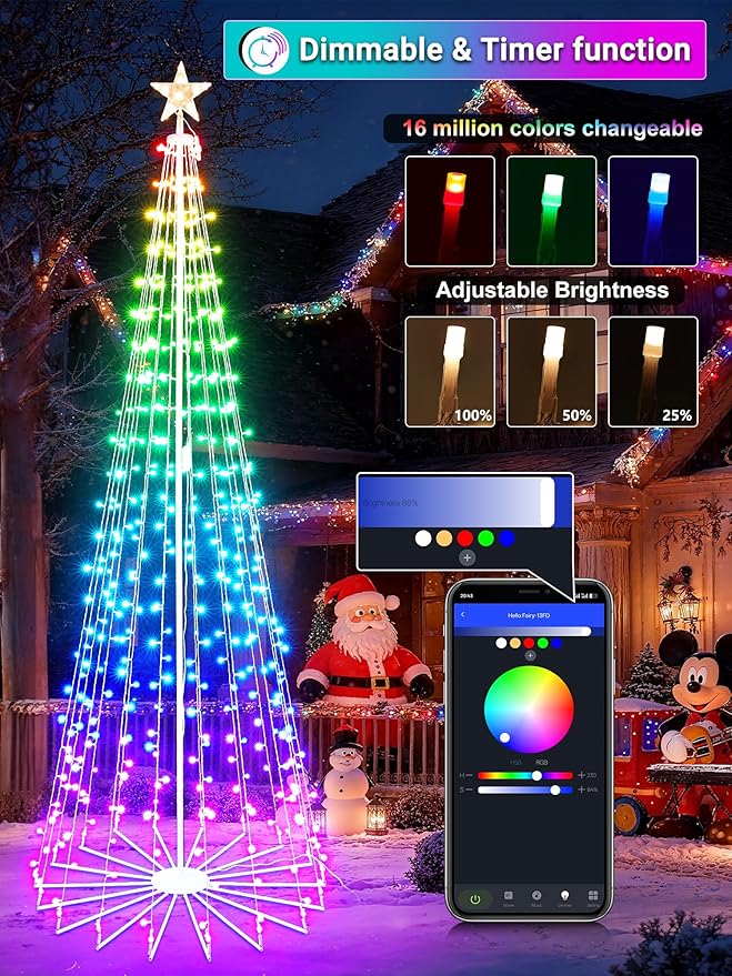 Flacchi 7.8FT Smart Christmas Tree Lights - Star Tree Topper with Removable Bracket, App Control, Sync with Music, Waterfall Colored Lights for Indoor Outdoor Xmas Decorations (7.8FT/ String Lights)