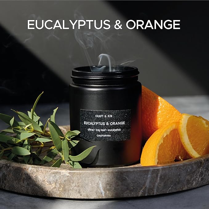 Craft & Kin Premium Orange & Eucalyptus Candle | Black Christmas Scented Candles for Home | Long Lasting with 45 Hour Burn Time, 7.6oz | Soy Holiday Candle | Aromatherapy at Home | Gifts for Men