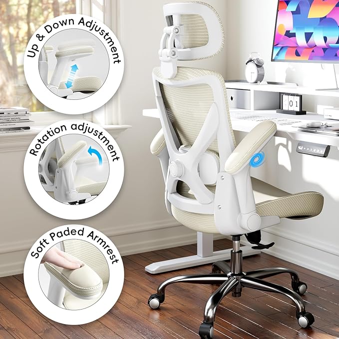 Office Home Ergonomic Desk Chair-Computer X-Shaped Chair Mesh PU Leather with Adjustable Lumbar Support-Executive Chair High Back with Headrest Flip-Up Arms for Long Hours (Beige)
