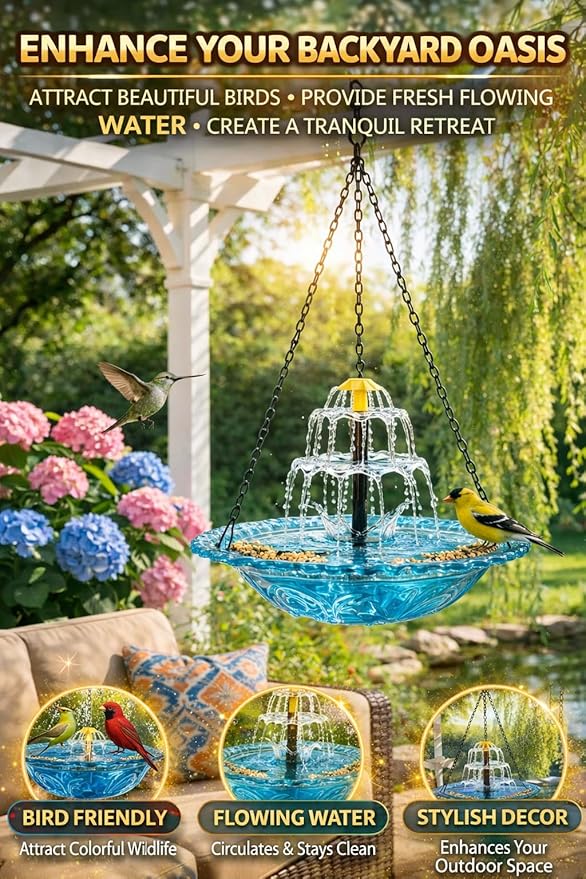 Solar Cascade Hanging Bird Bath Fountain, 2026 New Outdoor Hanging Bird Bath with Solar Fountain, Large Humming Birds Baths Fountains, with Solars Pump & Glass Bowl, for Outdoor, Gardens (#6)