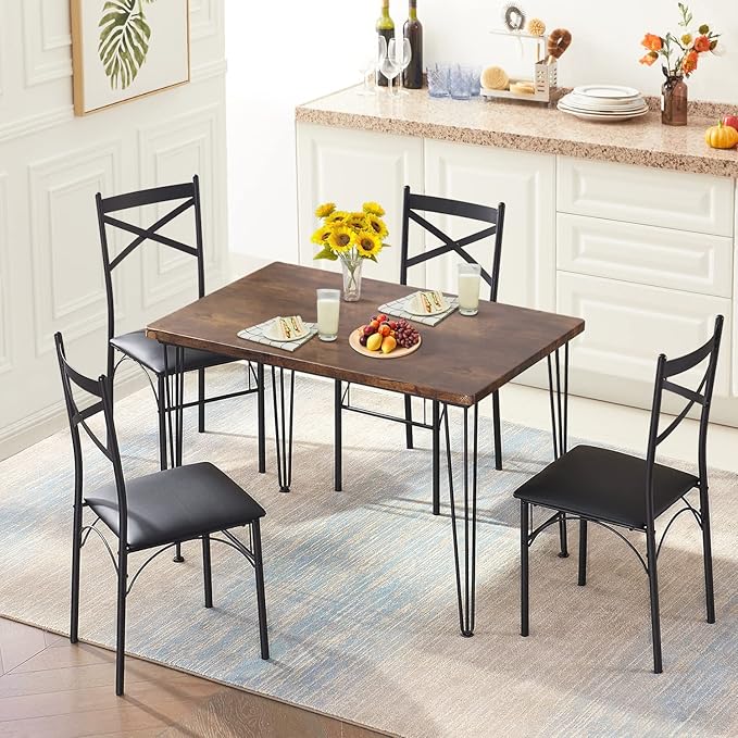 VECELO 5-Piece Dining Table Set for Home Kitchen Small Space Breakfast Nook, 4 Faux Leather Metal Frame Chairs, Retro Brown,Set for 4