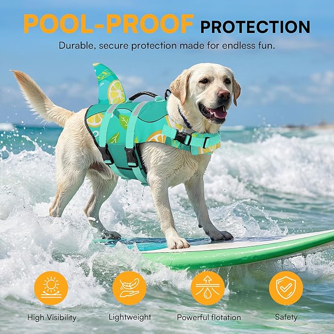 Dog Life Jacket with Rescue Handle - Adjustable Reflective Dog Vest for Swimming, Medium Dog, Green Print M