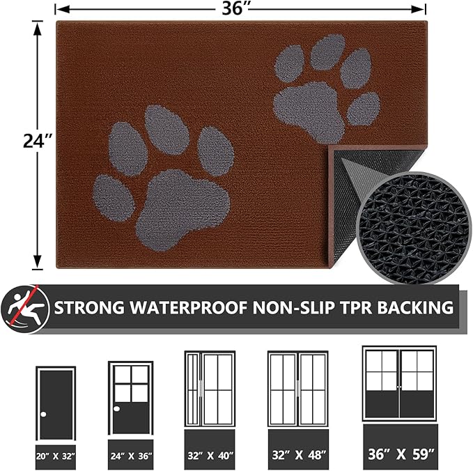 FONEYI Indoor Door Mat, 24"x36" Dog Mats for Muddy Paws, Rubber Backing Non Slip Super Absorbent Washable Entryway Rug, Low-Profile Front Back Door Mats, Inside Floor Doormats for Entryway, Brown