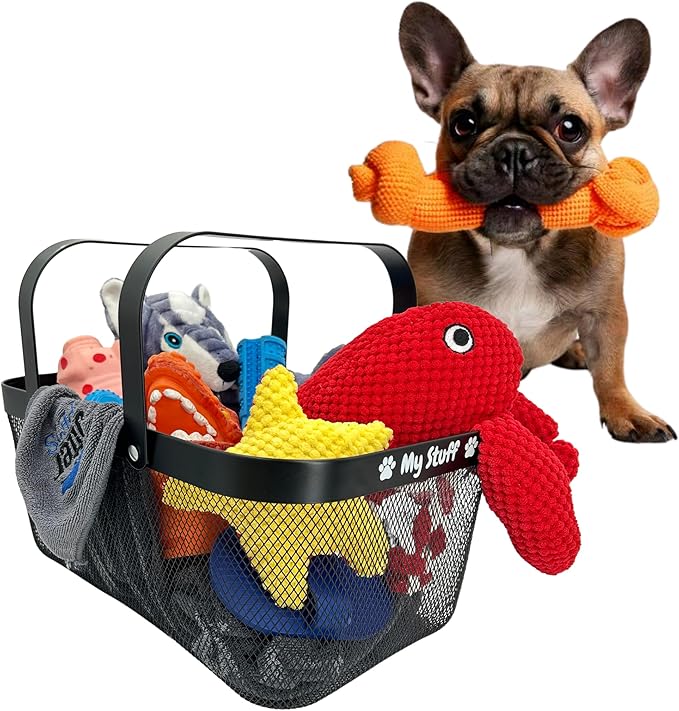 Dog Toy Basket Metal Mesh Metal, Chew Proof, 16 (L) x 9.5 (W) x 7 (H) inches Black Dog Toy Bin, Sturdy Pet Toy Basket