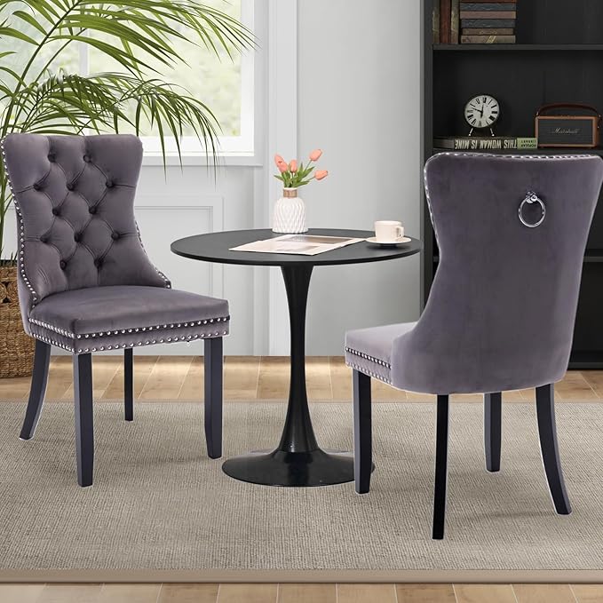 SoarFlash Kitchen Table and Chairs for 2, 31.5" Dining Table Set for 2 with Velvet Upholstered Chairs, 3 Piece Round Kitchen Table Set, Dining Room Table Set for Small Space, Apartment, Grey/Black