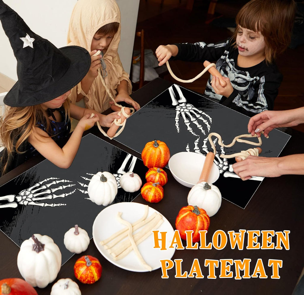 Halloween Skeleton Placemats Set of 4, 12x18 Inch Skeleton Decorative Table Mats, Washable Heat Resistant Place Mats for Kitchen Dining Table, Spooky Themed Decoration for Home-B13