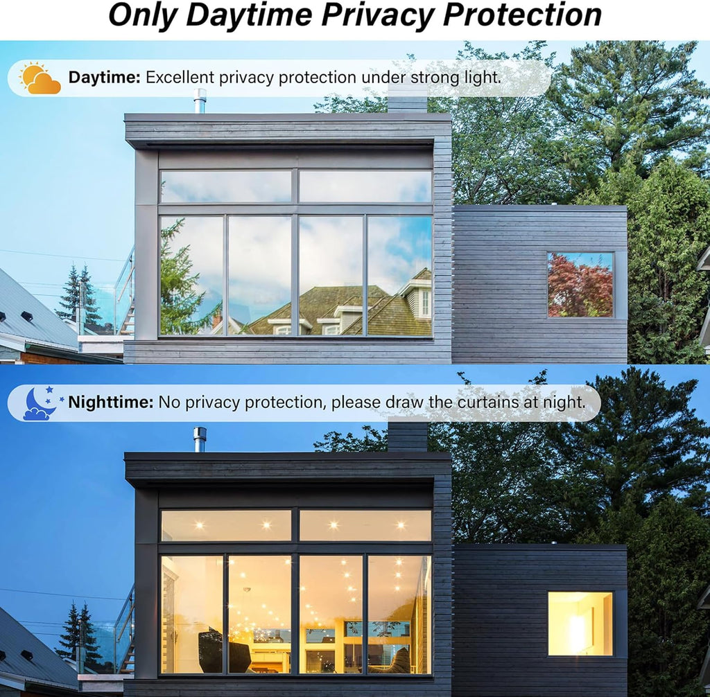 Kromapolis One Way Window Privacy Film Reflective Mirror Home Window Tint, Daytime Privacy Heat Control Anti UV Glass Tinting Static Cling (Silver, 17.5 x 157.4 inch)
