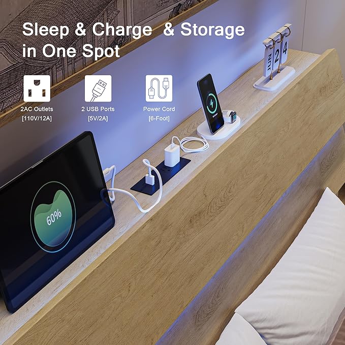 King Size Bed Frame with LED Headboard, Floating Bed Frame with Charging Station USB and V-Shaped Support, No Box Spring Needed, Noise Free, Easy Assembly, Oak
