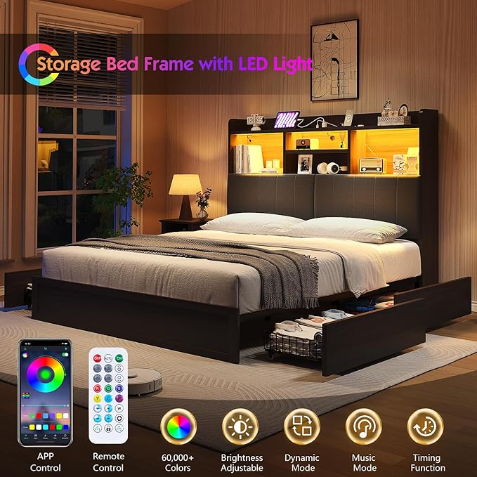 Full Farmhouse Bed Frame with Bookcase Headboard and 4 Drawers, LED Storage Bed with Charging Station & Linen Upholstered, No Box Spring Needed, Black