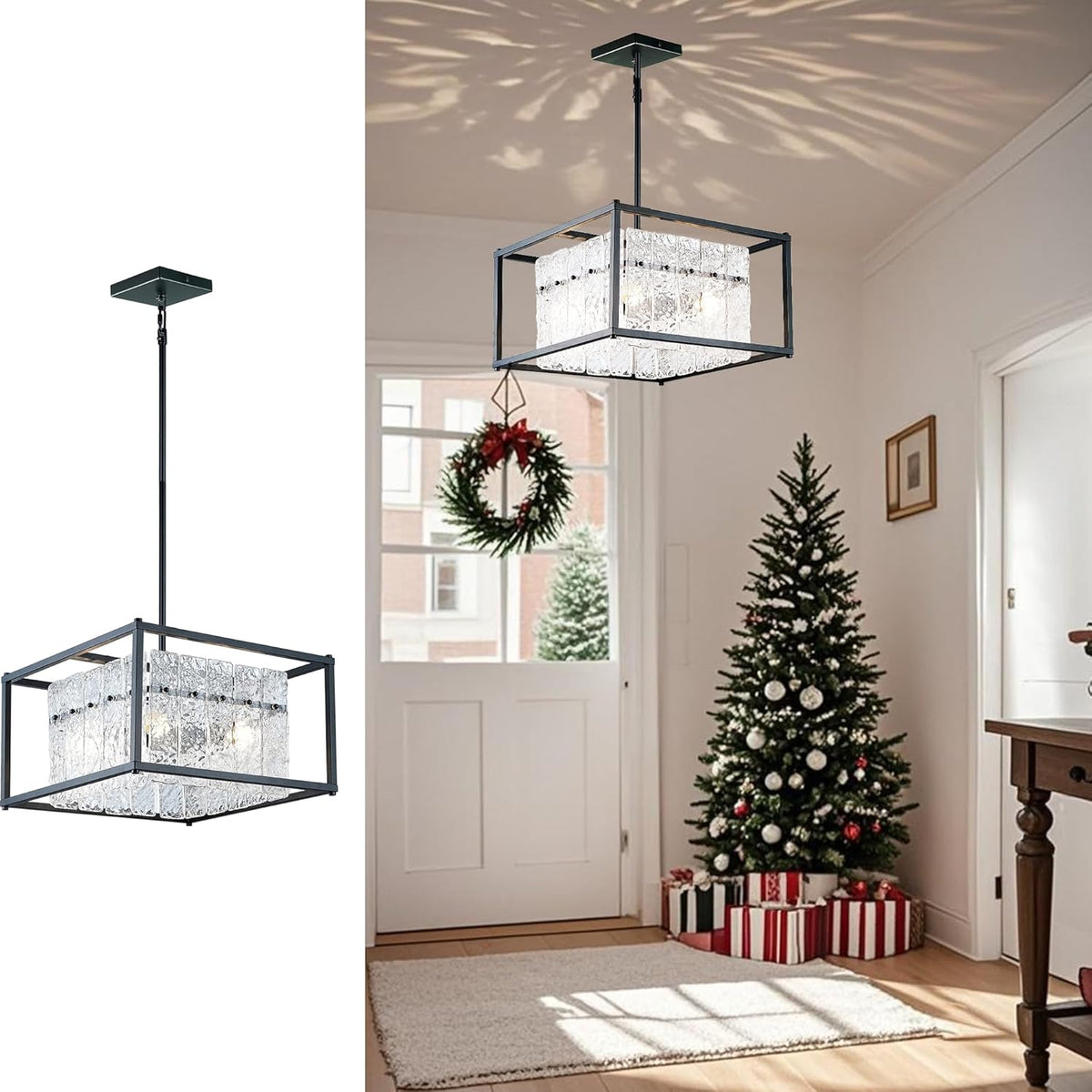 IKK Modern Foyer Chandelier, Black Crystal Chandelier for Dining Room, Square Entryway Light Fixture Hanging, Easily Adjustable Height Glass Chandeliers for Kitchen Island, Elegant Water Ripple