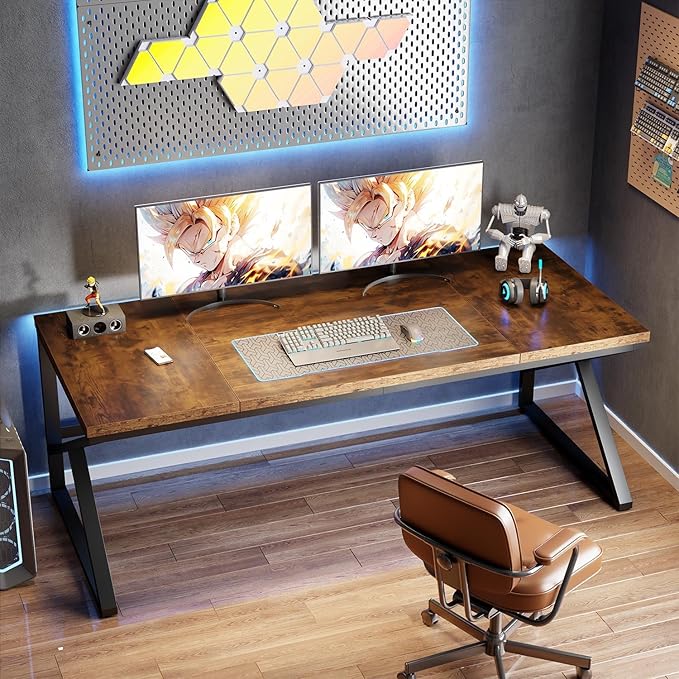 HSH Large Rustic Brown Computer Desk, 70 Inch Home Office Metal Wood Desk for 2 Person, Farmhouse Extra Long Writing Study Gaming Table, Bedroom Living Room PC Laptop Dual Monitor Desk