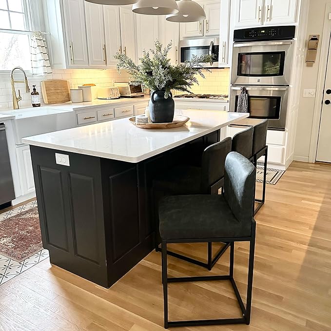 PHI VILLA Black Bar Stools Set of 4, Counter Height 24'' Barstool Pu Leather Bar Stools with Back, Kitchen Bar Chairs