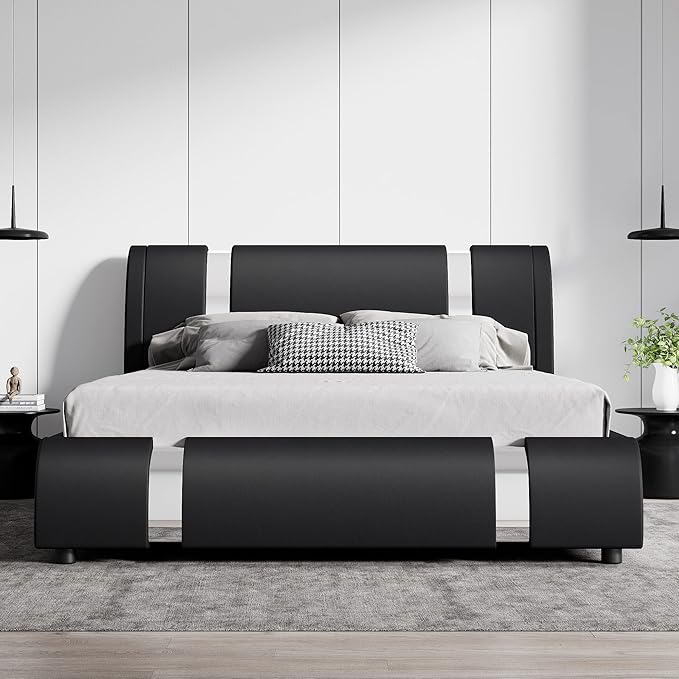 SHA CERLIN Modern Faux Leather Queen Bed Frame with Adjustable Headboard and Iron Accents, Deluxe Upholstered Platform Bed with Solid Wooden Slats Support/No Box Spring Needed, Black