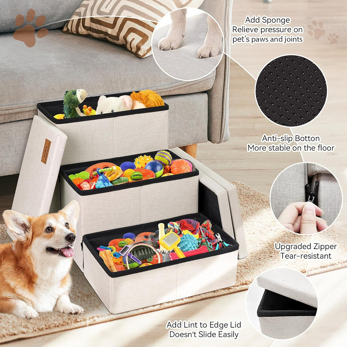 Dog Stairs with Storage 18" H, 3-Step Wider Dog Steps for Small/Medium/Large Old Dogs Cats, Folding Sturdy Pet Stairs Climbing Bed or Couch, Ramp for Car Up to 200 lbs (Beige, No Condo)