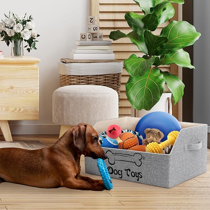 2X Thicker Large Dog Toy Collapsible Fabric Dog Toy Box and Storage Bin With Handle - Trapezoid Basket Chest Organizer for Pet Toys, Blankets and Accessories