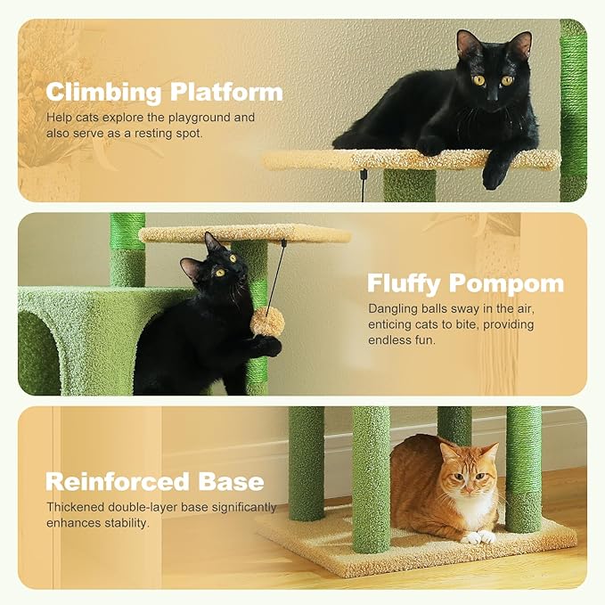 PAWZ Road Cactus Cat Tree Tower 62 Inches Cat Tree with 2 Condos,2 Large Perch,4 Scratching Posts & 1 Scratching Board, and 2 Hanging Balls for Indoor Cats