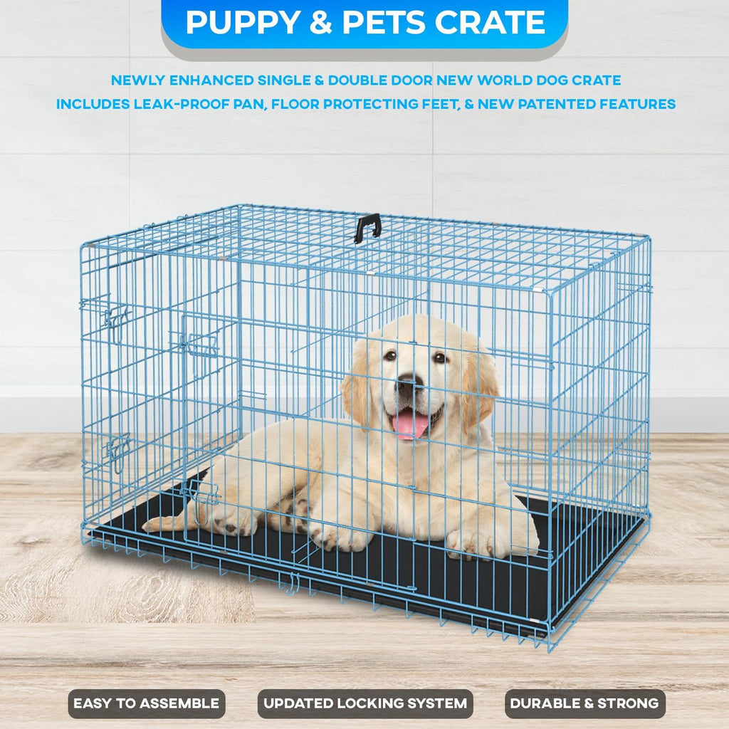 FDW Dog Crate for Medium Dogs 30 Inch Folding Metal WirePet Cage Double Door W/Divider Panel Indoor Outdoor Kennel Leak-Proof Plastic Tray,Blue
