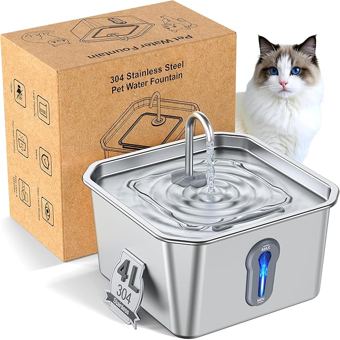 Stainless Steel Cat Water Fountain, 4L/135oz Automatic Circulation pet Water Dispenser, Quiet cat Bowl Water Dispenser, Suitable for Cats, Dogs and Multiple Pets. (Pet Fountain+2 Filters+2 Sponges)
