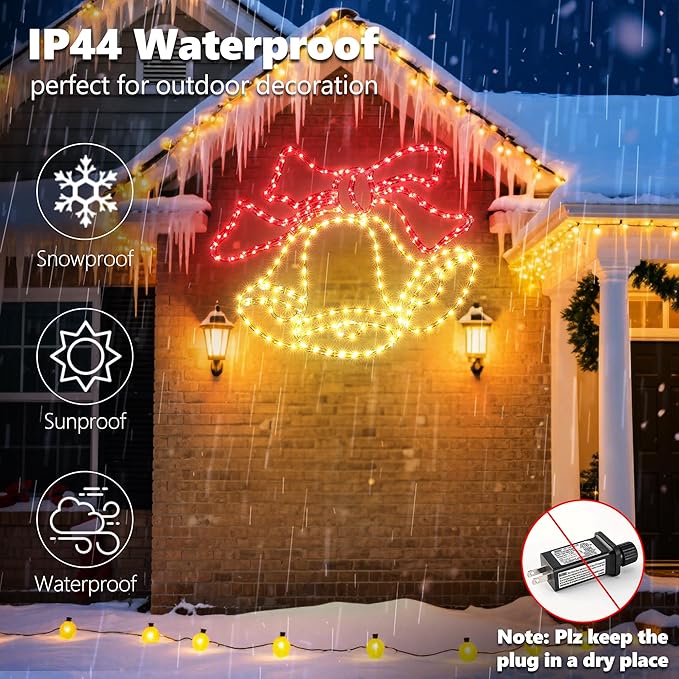 Joomer 33‘’ Christmas Lights Outdoor Bell Neon Super-Bright Large LED Christmas Light Decoration with Timer Waterproof for Outdoor Home Party Wall Hanging Holiday(Warm White & Red)