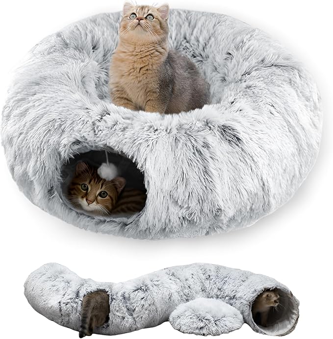 Cat Tunnel Bed for Indoor Cats with Washable Cushion Cat Cave Donut Tunnel with Fluffy Ball Big Round Tube Pet Playground Toys Soft Plush Peekaboo for Kitten, Cat, Puppy, Rabbit, Ferret