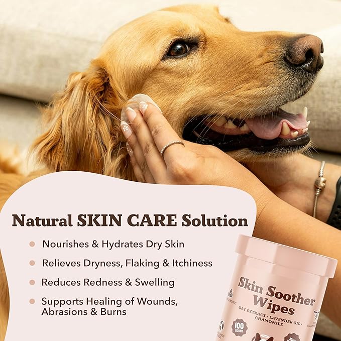 Natural Dog Company Skin Soother Wipes, 100 Count, Pet Wipes for Dogs, Hypoallergenic Formula, Dog Moisturizer for Dry Skin, Grooming Wipes for Dogs, Pet Itch Relief for Dogs