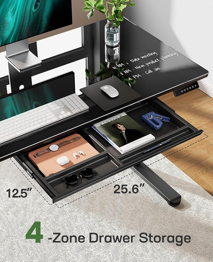 Marsail Glass Electric Standing Desk with Drawer, 48 x 24 Inches Height-Adjustable Desk, One-Piece Tempered Glass Top, Ergonomic Home Office Sit Stand Desk with 4 Preset Heights, Black