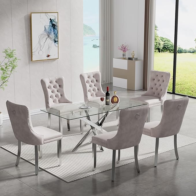 51-Inch Glass Dining Room Table for 4-6 People, Modern Rectangular Kitchen Dining Table with Silver Cross-Shape Stainless Steel Legs for Apartment Kitchen Dining Room