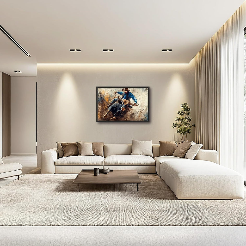 Framed Large Western Cowboy Wall Art, Oversized Rustic Cow Wall Decor for Living Room, Dusty Canvas Painting Pictures Vintage Artwork Home Decoration for Living Room Bedroom Office 36"x24"