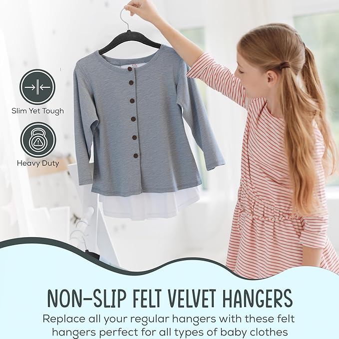 25 Premium Kids Velvet Hangers - 14" Non-Slip Clothes Hangers for Kids & Preteens - Ultra Slim, Space-Saving, Strong & Durable Hangers with 360° Swivel Hook - Black