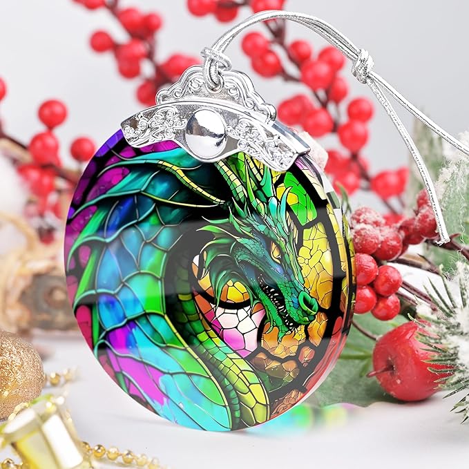 Majestic Dragon Christmas Ornament - Stained Glass Hanging Decoration for Tree, Gift Idea