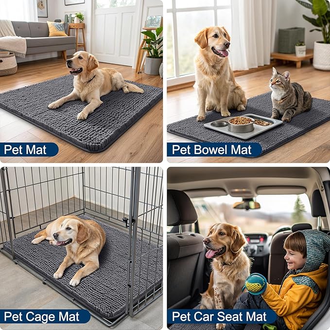 Smiry Dog Door Mat for Muddy Paws 44x24, Absorbs Moisture and Dirt Doormat, Non-Slip Washable Quick Dry Chenille Front Door Mat Indoor Entrance, Entryway Carpet for Inside Floor, Dark Grey