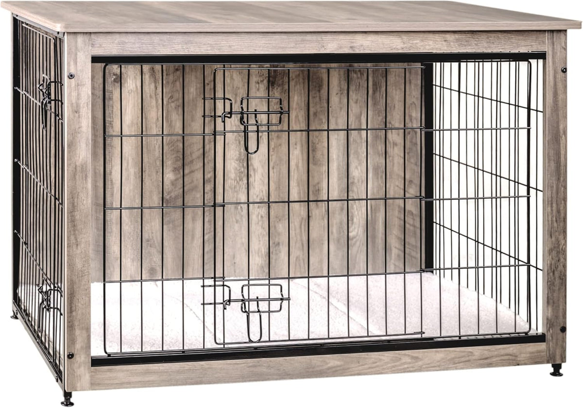 DWANTON Dog Crate Furniture with Cushion, Wooden Kennel Table with Double Doors, Indoor Dog House, Large Size, 38.5" L, Greige