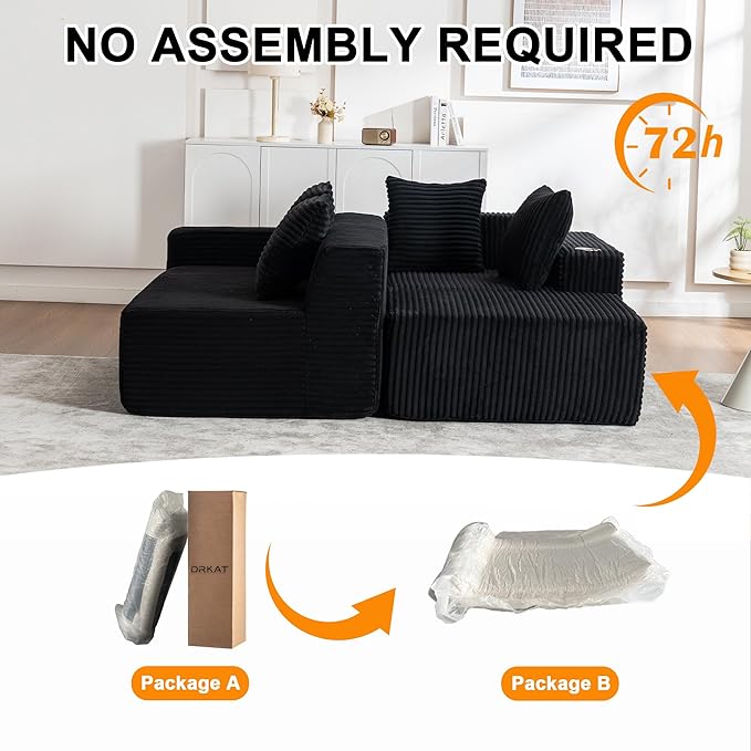 106" Modular Sectional Sofa, Modern Cloud L-Shape Couch with Ottoman Chaise, Comfy Deep Seat Chenille Boneless Couches for Living Room, No Assembly Required, Black