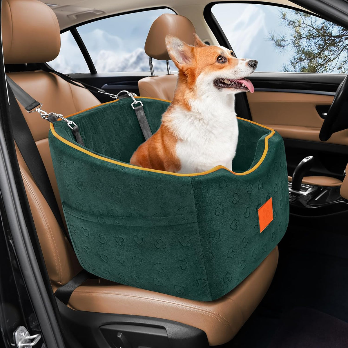 Dog Car Seat for Small Dogs, Memory Foam Booster Dog Seat for Dogs up to 35 lbs, Elevated Pet Car Seat, Travel Safety Pet Seat with Washable Removable Cover, Storage Pockets (Green)