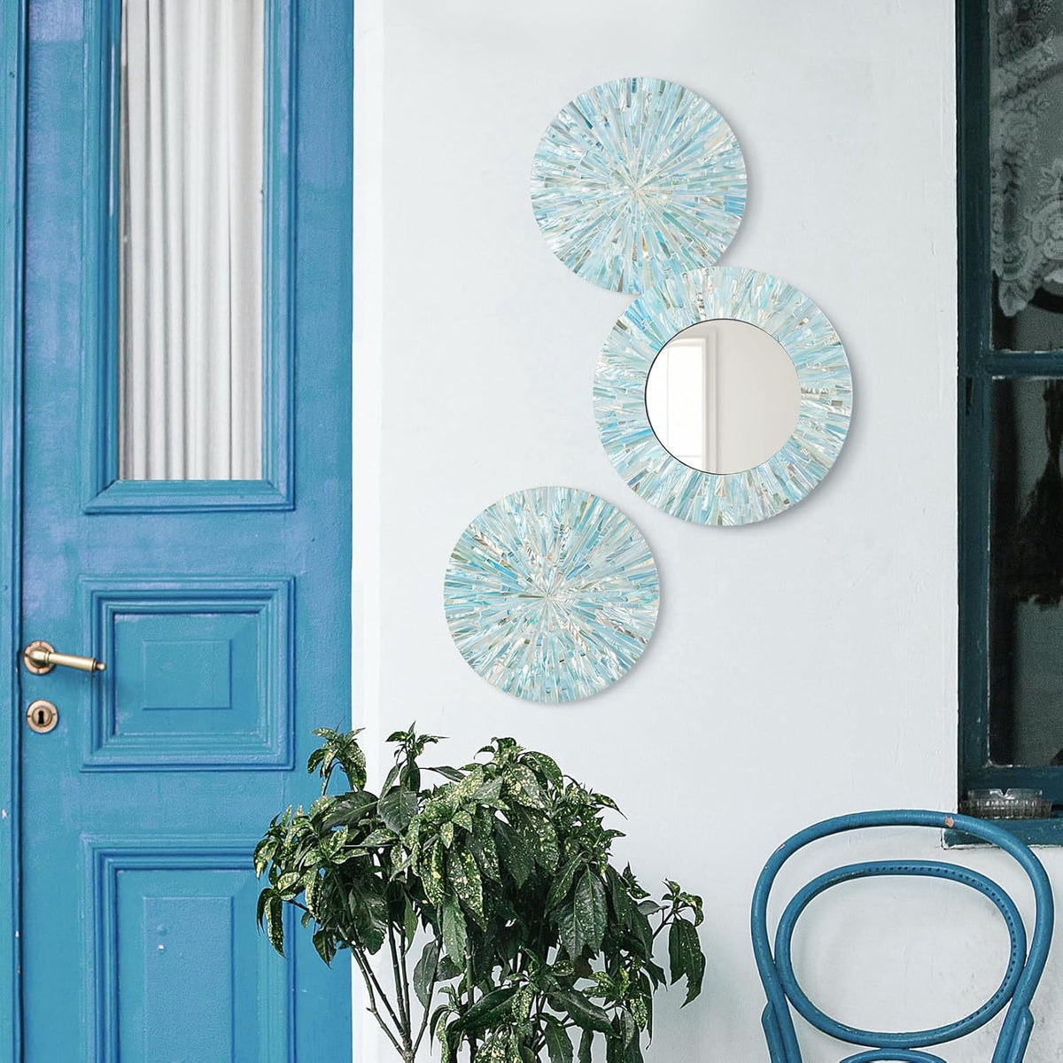 Beach Mirror Wall Decor for Living Room, 3PCS Natural Mother of Pearl Coastal Wall Art Bedroom Bathroom Decoration, Handmade Ocean Round Wall Hanging Sculptures for Home Office Holiday Hotel