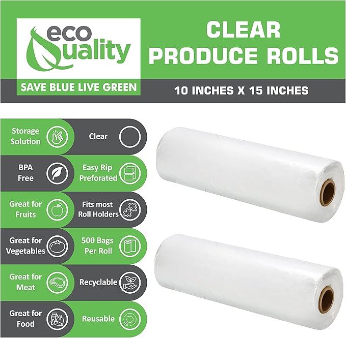 EcoQuality 10x15 Plastic Produce Bags on a Roll - 500 Bags, Clear Food Storage for Vegetables, Fruits, Bread, Pet Waste, Grocery, Supermarket (4)