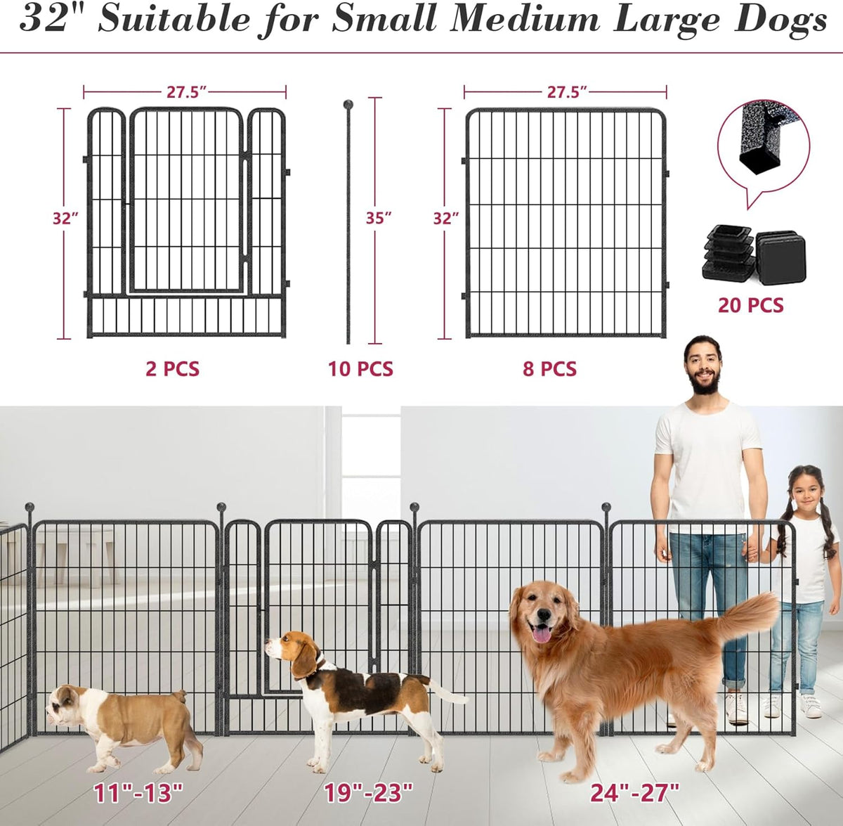 Dog Playpen 32 inch 10 Panels Indoor Dog Pen for Medium/Small Dogs Heavy Duty Metal Dog Fence Outdoor for Yard, Puppy Playpen with Door Portable Pet Fence for RV Camping Yard